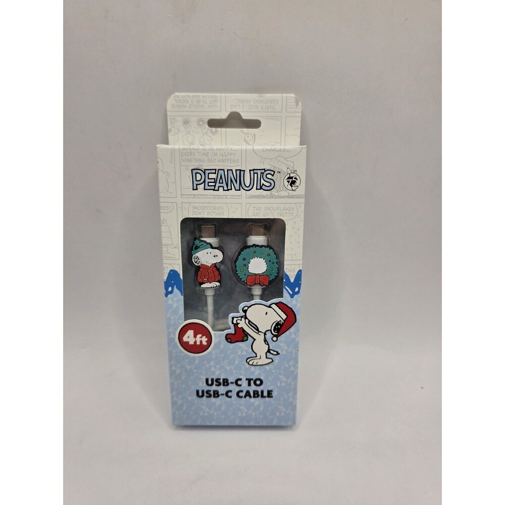 Peanuts Snoopy Puffer Coat Christmas USB-C to USB-C Cable 4ft Charging Data NEW